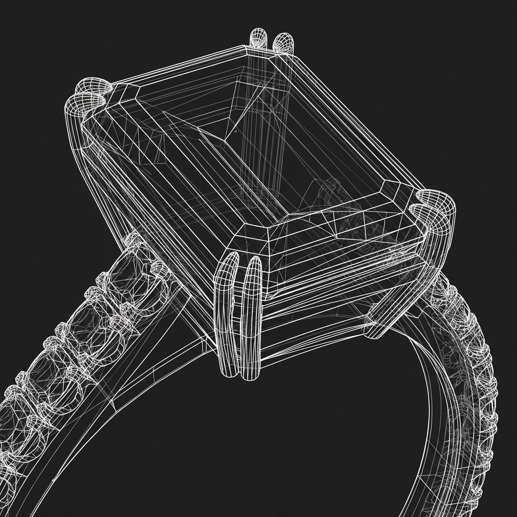 3D CAD wireframe of an emerald-cut solitaire ring with a pavé band, before casting