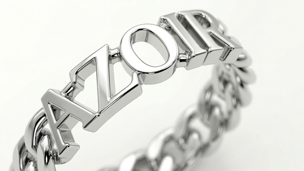 Close-up 3D render of the polished AZOIR ring: block letters set on a curb-chain band